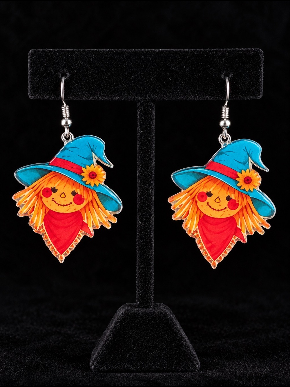 Adorable Acrylic Scarecrow Earrings with a Teal Hat and Red Bandana